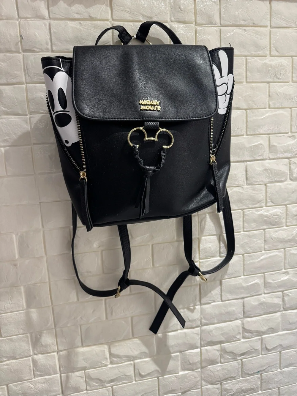 Disney Black Faux Leather Mickey Backpack with Gold Accents